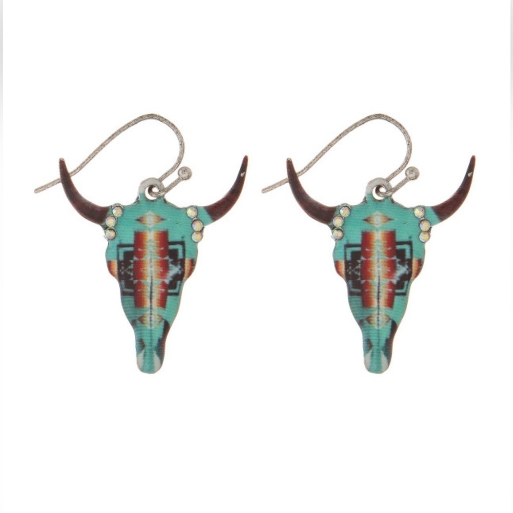 Southwestern Longhorn Skull Earrings in turquoise and coral enamel